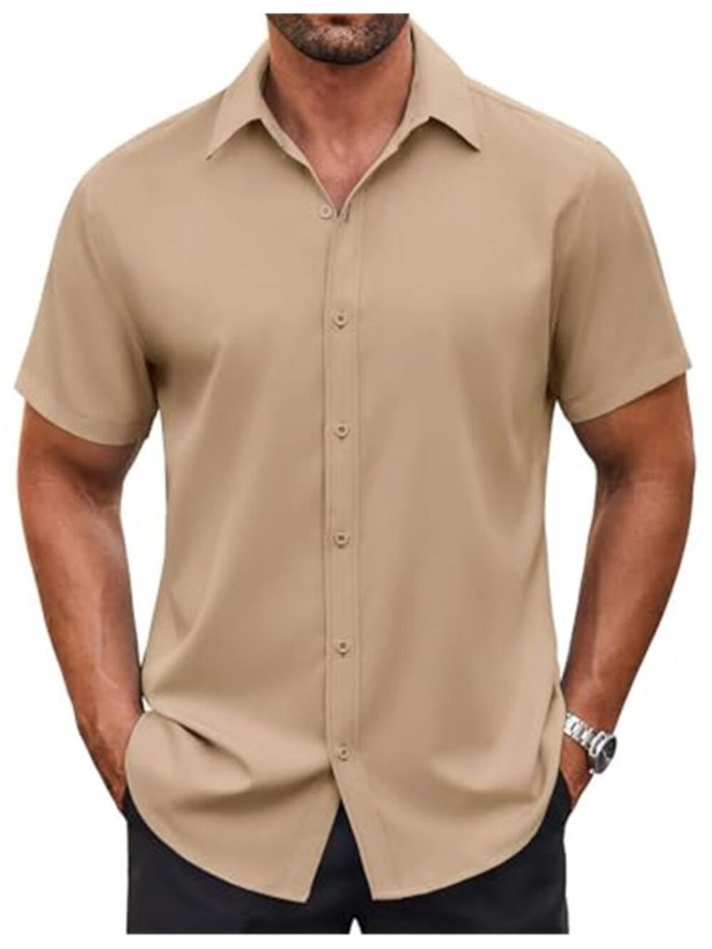 mens short sleeve button down shirt khaki casual dress summer beach wedding fit